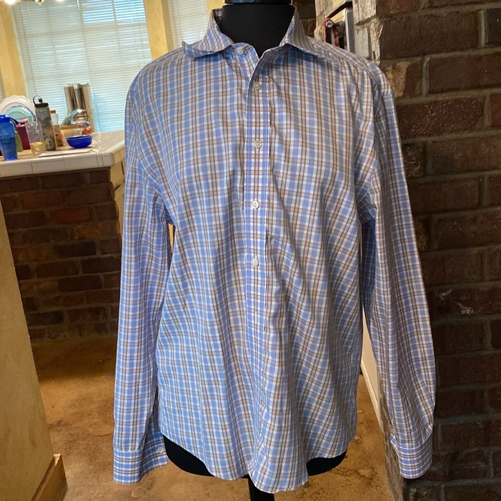 JoS. A. Bank Reserve tailored fit blue and brown plaid long sleeve dress shirt